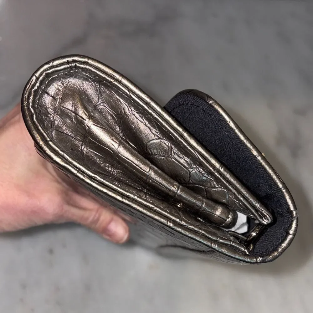 Ann Taylor LOFT purse silver metallic crocodile-embossed envelope clutch bag